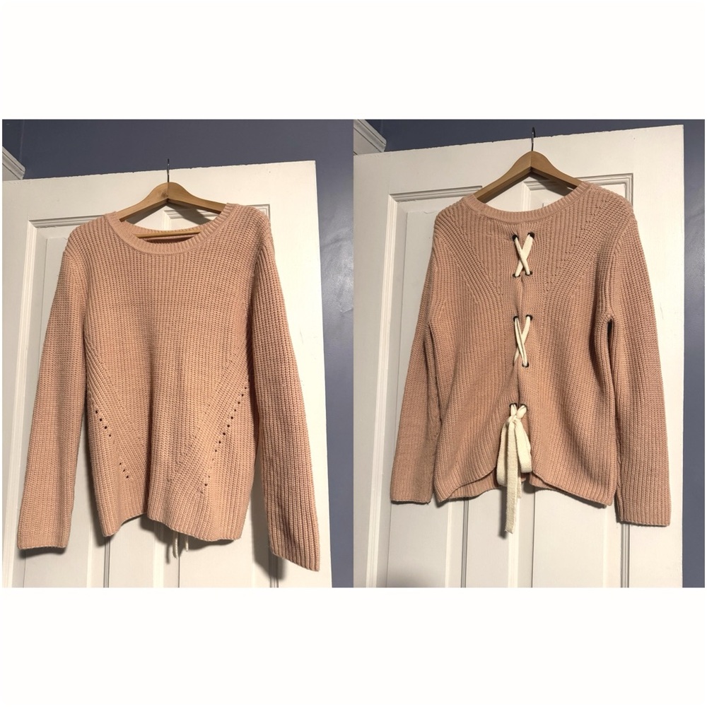Francesca’s Harper Heritage Sweater Womens SMALL Light Pink Lace Tie Back